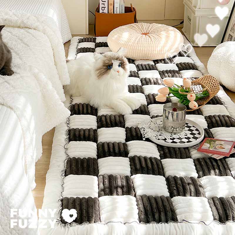 Cream-colored Large Plaid Square Fuzzy Pet Dog Mat Bed Couch Cover